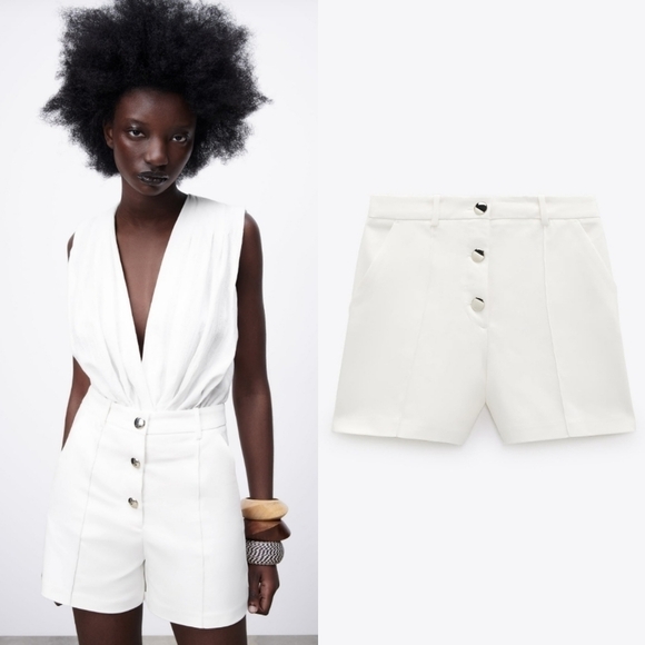New With Tag Zara High Waist Buttoned Front White Bermuda Shorts NWT Small - Picture 1 of 8